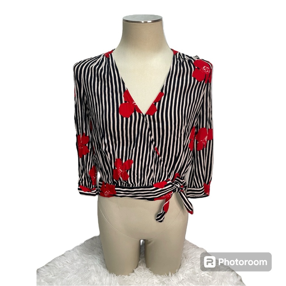 Madewell Black/White Stripe Floral Red Orchard Wrap Style Blouse Top Size S